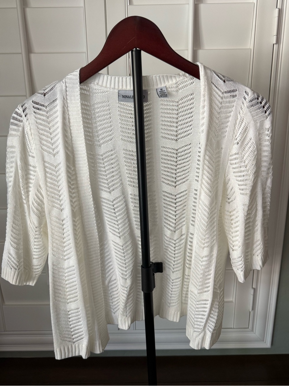Nina Leonard White Open Front Chevron Lace Cardigan